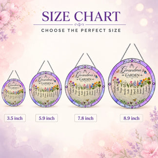 Size chart for personalized Grandma's Garden suncatchers showing 3.5 to 8.9 inch custom acrylic plaque size options.