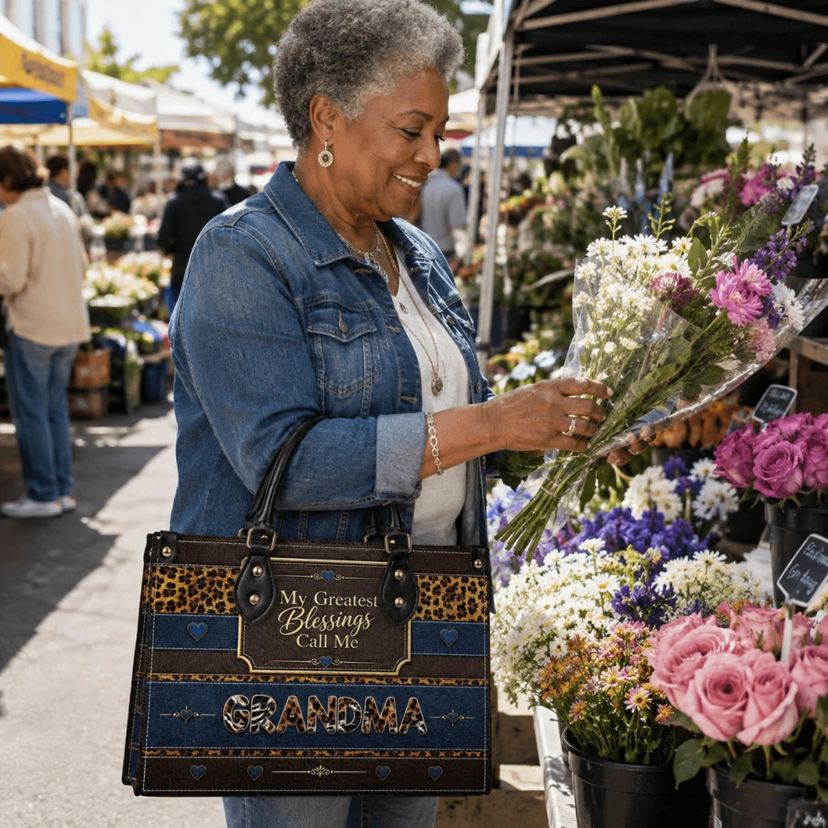 A senior woman holding a custom grandma handbag while shopping for fresh flowers at an outdoor market.