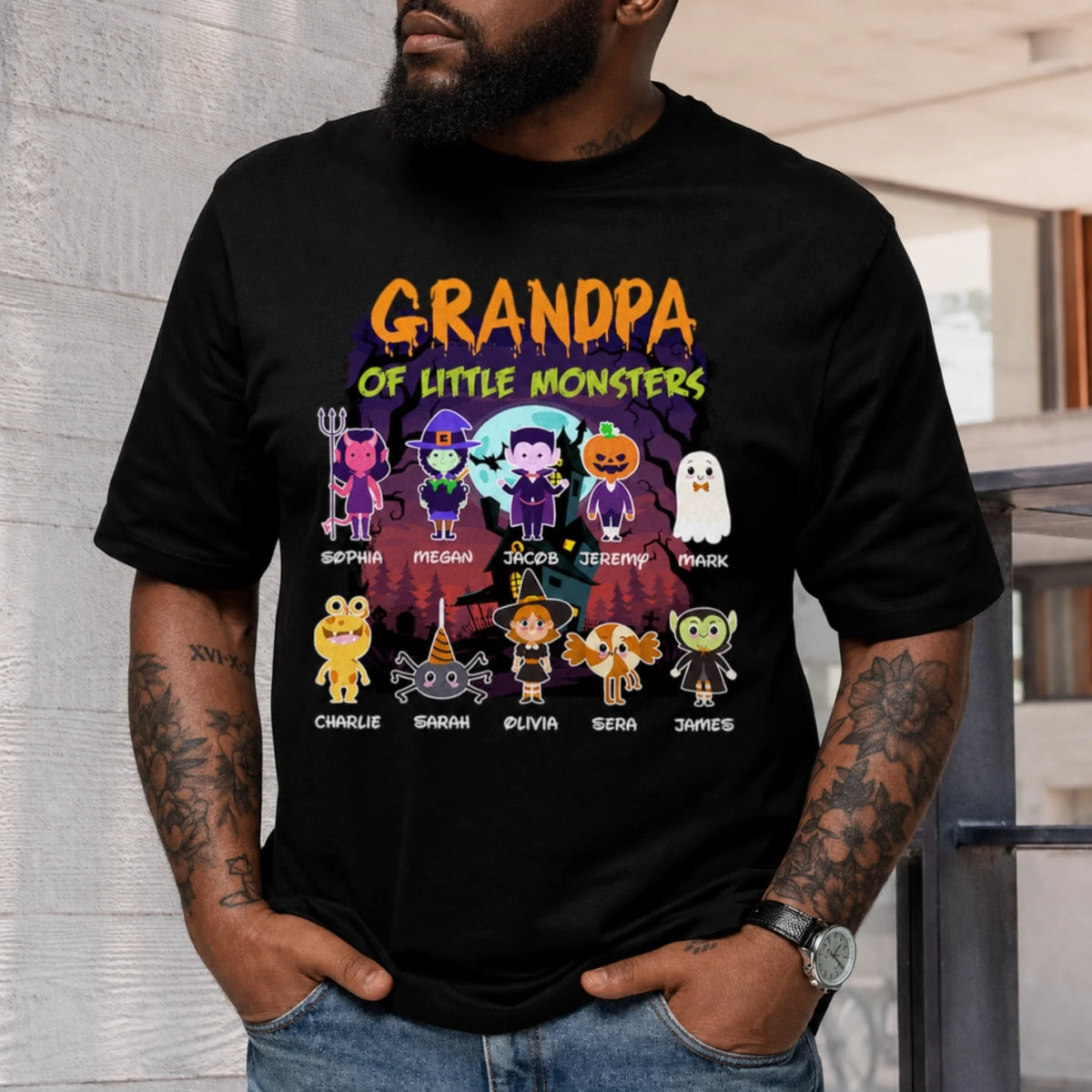 Halloween themed t-shirt for grandpa with custom monster characters and personalized names for family gifts.