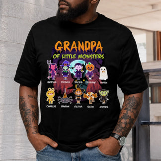 Halloween themed t-shirt for grandpa with custom monster characters and personalized names for family gifts.