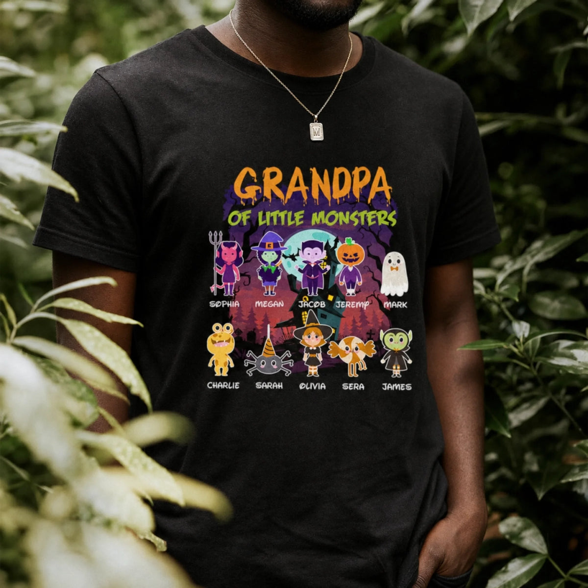 Personalized Grandpa of Little Monsters Halloween shirt with cute monster character illustrations and custom names.