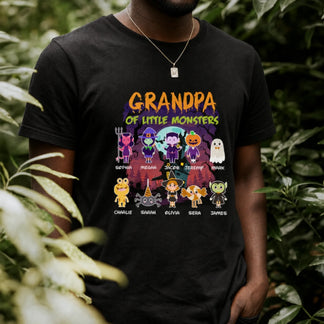 Personalized Grandpa of Little Monsters Halloween shirt with cute monster character illustrations and custom names.