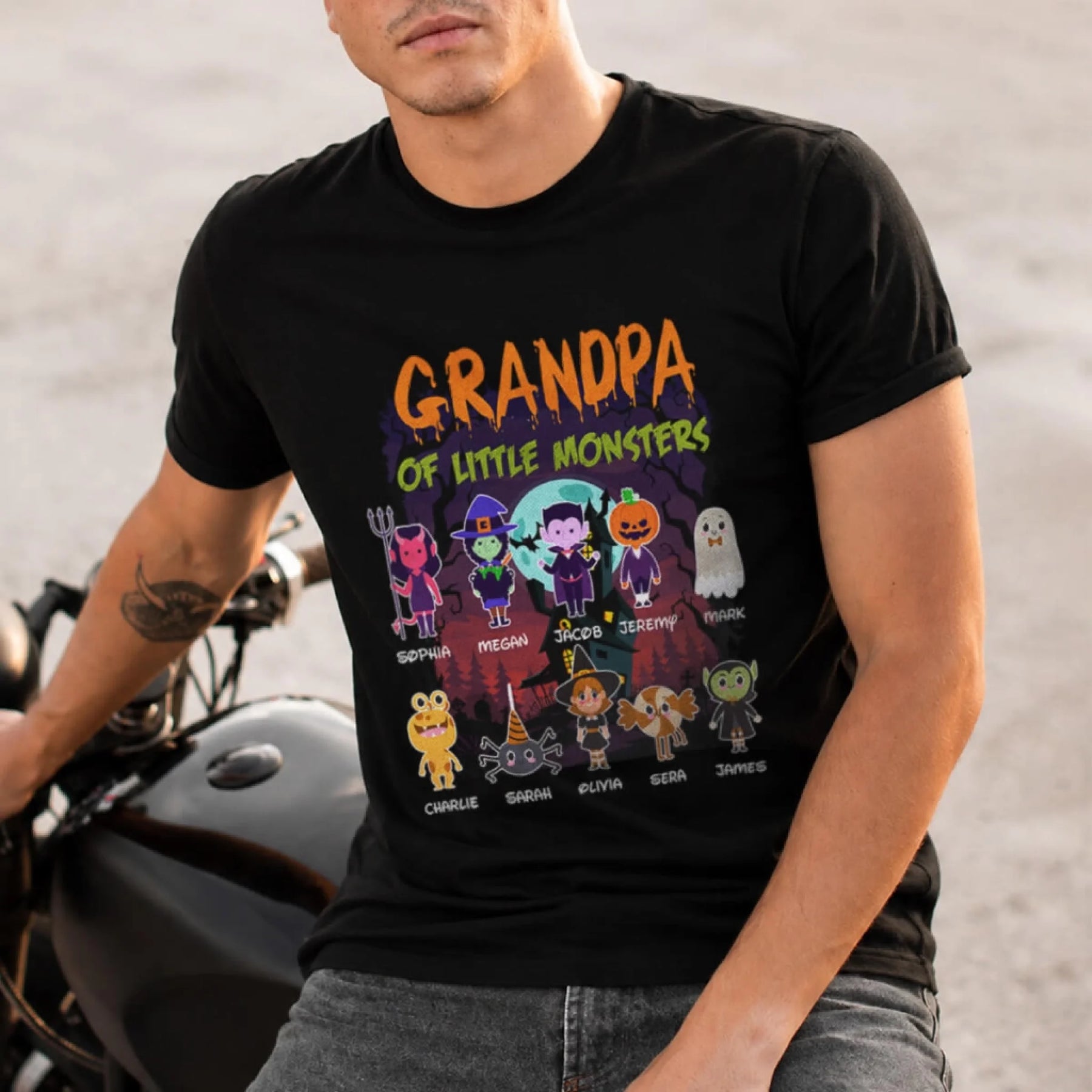 A black personalized Halloween shirt for men featuring a family of 10 monster characters with custom children names.