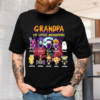 A black Halloween T-shirt for grandpa featuring custom names for 10 little monsters in cute monster character costumes.