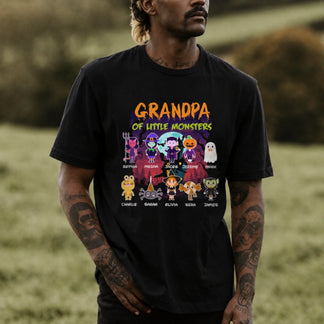 Personalized Grandpa of Little Monsters Halloween shirt featuring custom kid monster characters and names for grandpas.