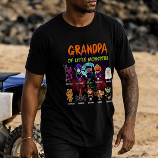 Personalized Grandpa of Little Monsters Halloween T-shirt featuring custom character illustrations and family names.