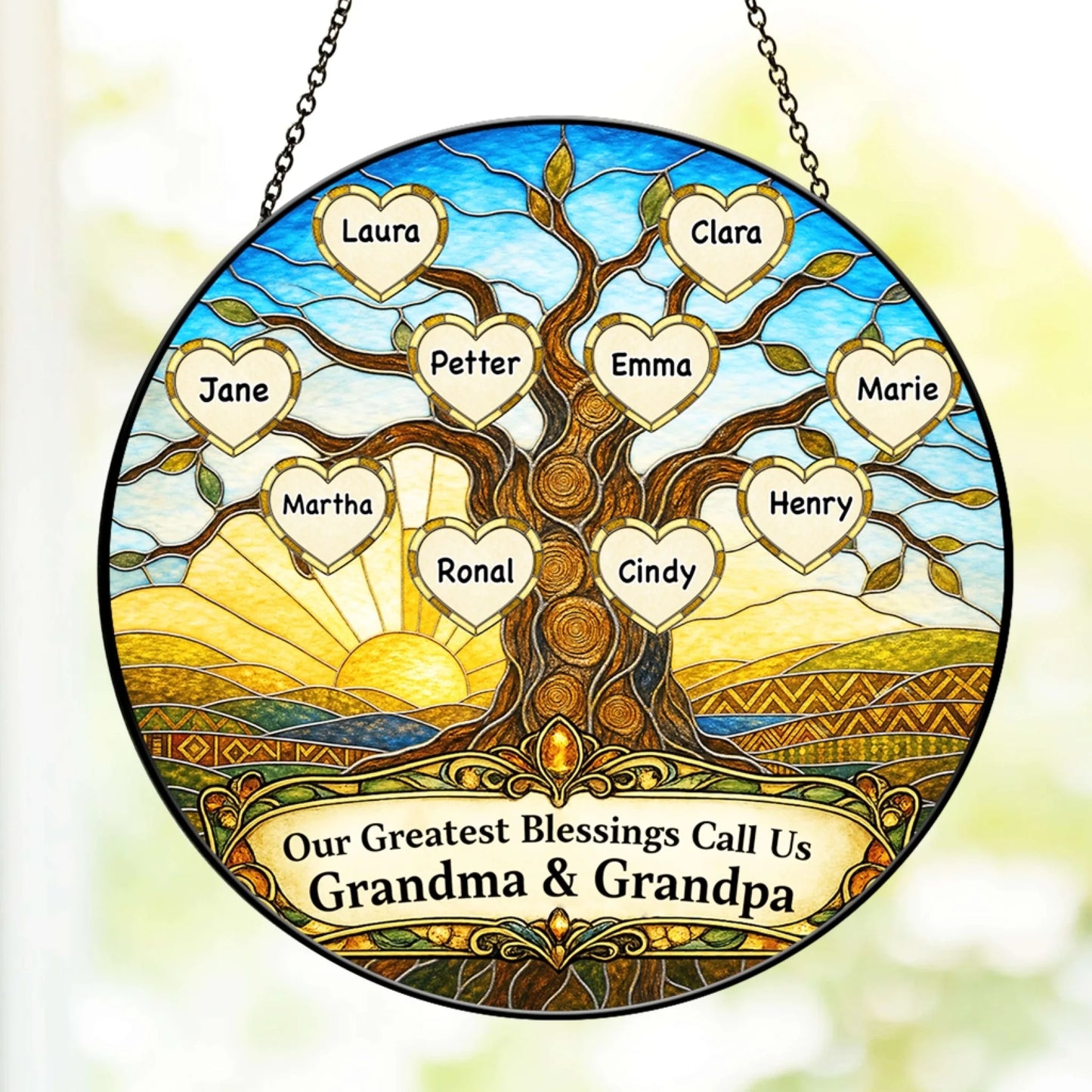 Stained glass tree suncatcher with customizable heart names for grandchildren a meaningful gift for grandparents.