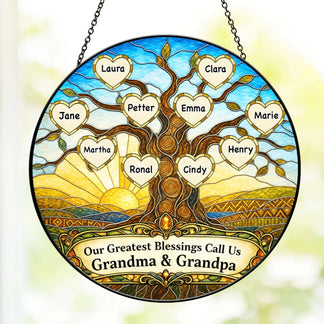 Stained glass tree suncatcher with customizable heart names for grandchildren a meaningful gift for grandparents.