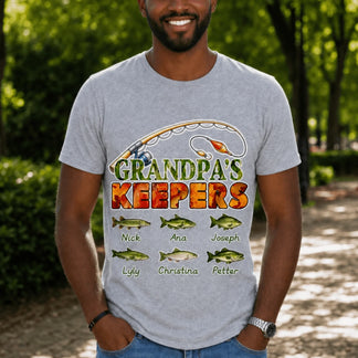 Men's personalized fishing t-shirt featuring Grandpa's Keepers design with six custom fish names for family.