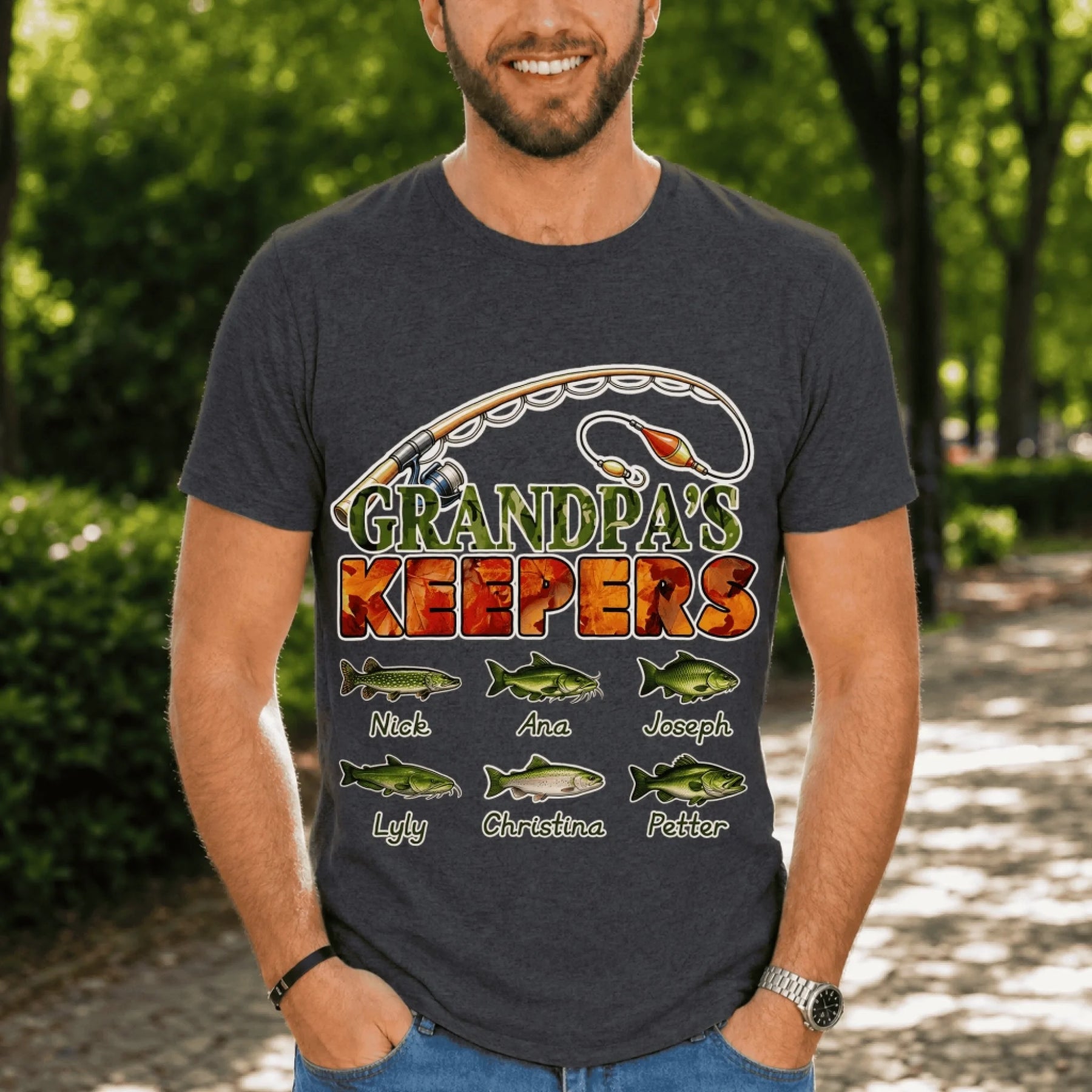 Personalized fishing t-shirt for grandpa or dad with six custom fish names, perfect for birthdays or Father's Day gifts.
