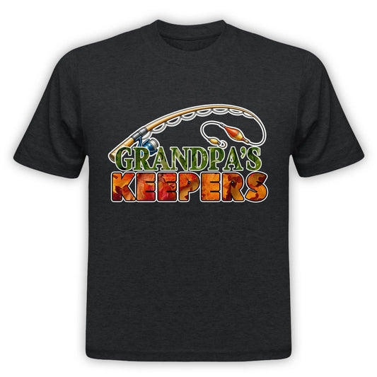Charcoal grey graphic t-shirt featuring a fishing rod and the text Grandpas Keepers in autumn leaf patterned lettering.