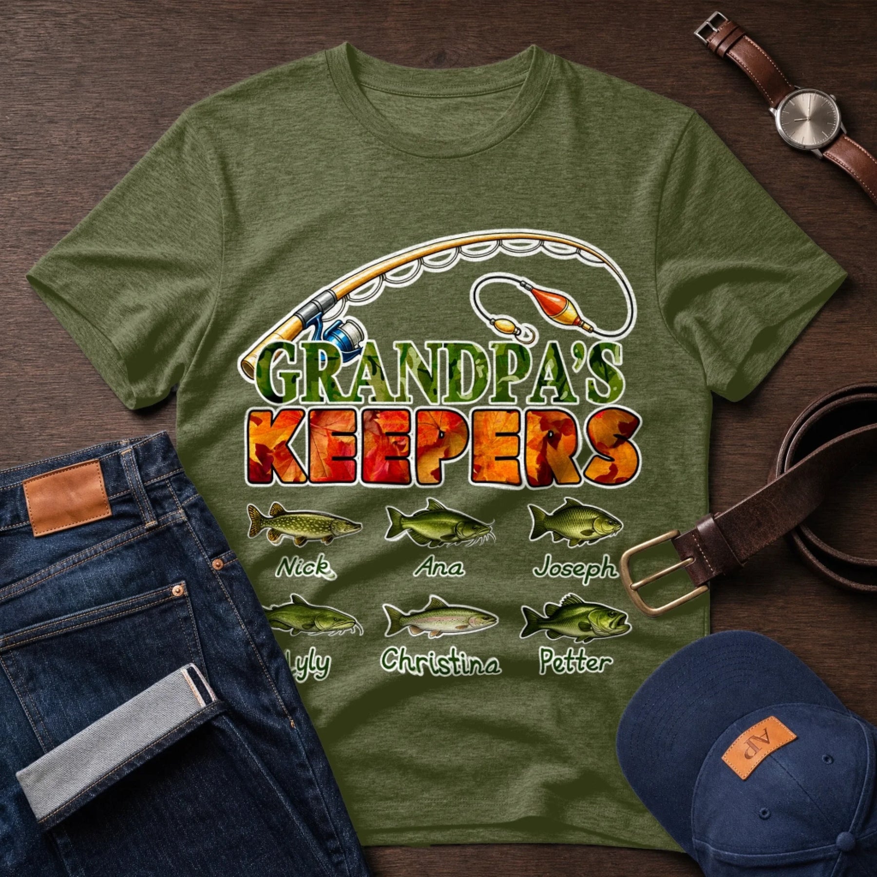 Personalized grandpa fishing t-shirt featuring fishing rod graphics and custom kids names under fish illustrations, perfect for Father's Day.