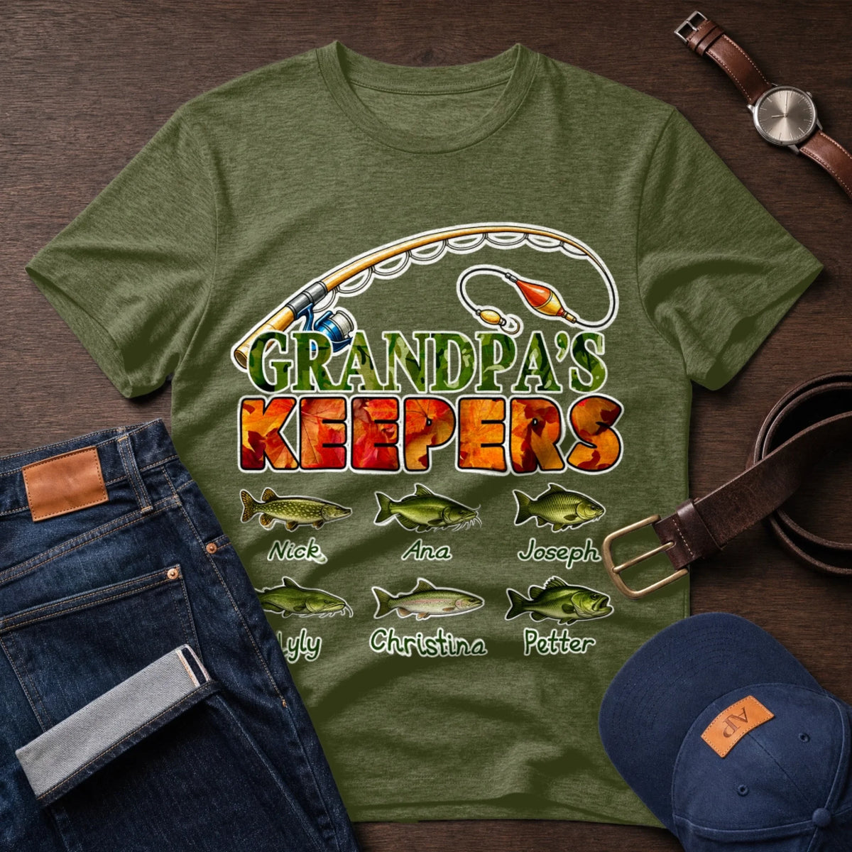 Personalized Grandpa's Keepers fishing t-shirt with six custom fish names, perfect for a fishing hobbyist.
