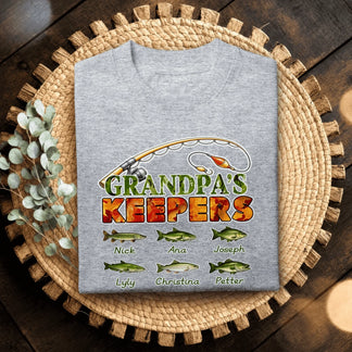 Personalized fishing themed t-shirt for grandpa featuring custom names of six grandchildren and various fish illustrations.