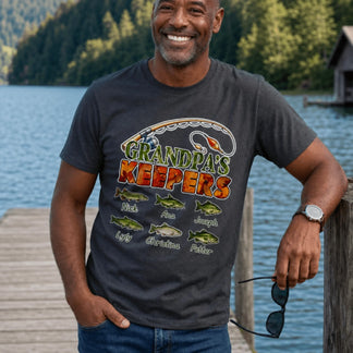 Custom fishing t-shirt featuring a fishing rod and six personalized fish names for a grandpa or dad gift.