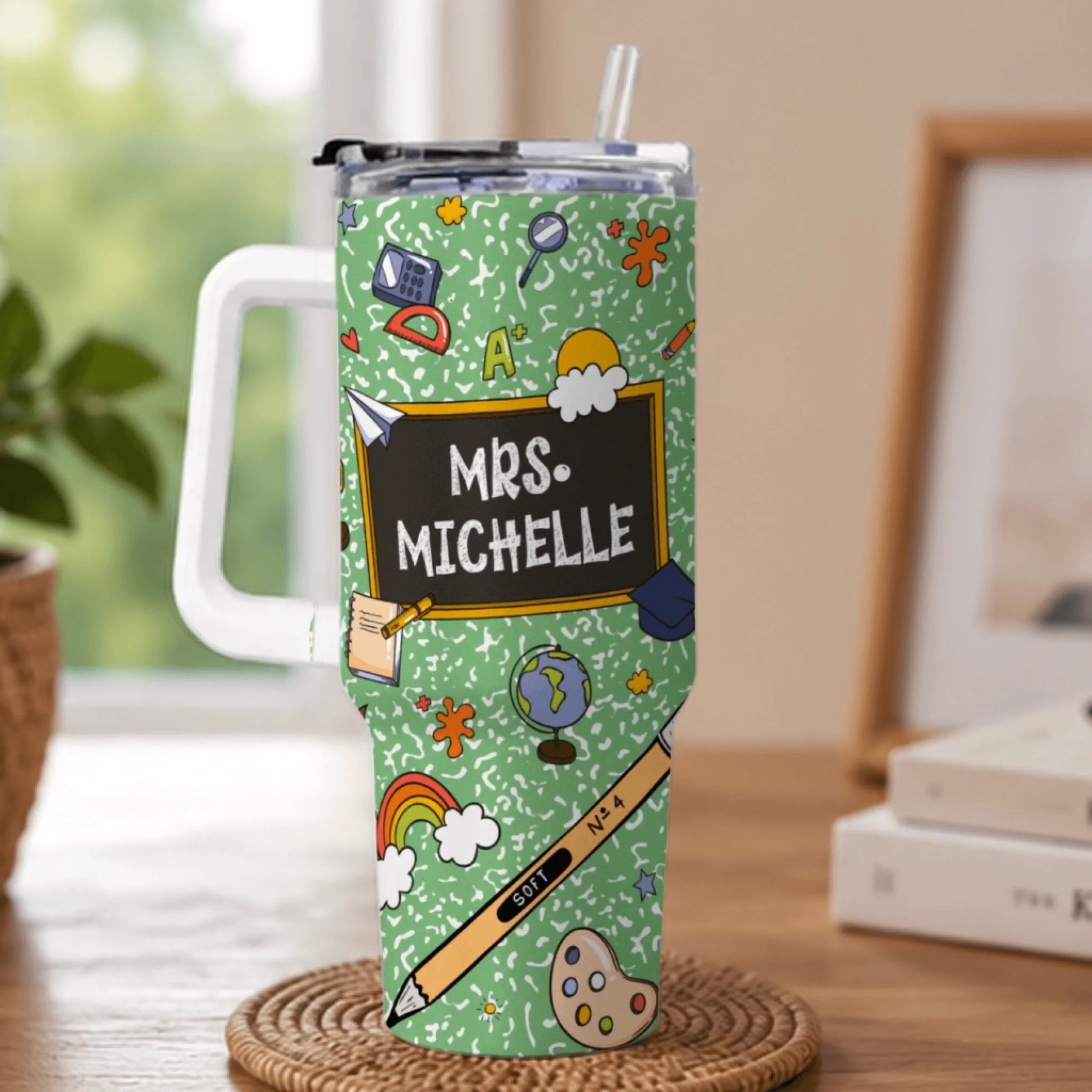 Green custom Mrs Michelle teacher tumbler featuring school supplies pattern and chalkboard for teacher appreciation