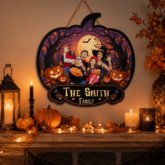 Custom Halloween wooden wall sign featuring a personalized family photo and the Smith family name for home decor.