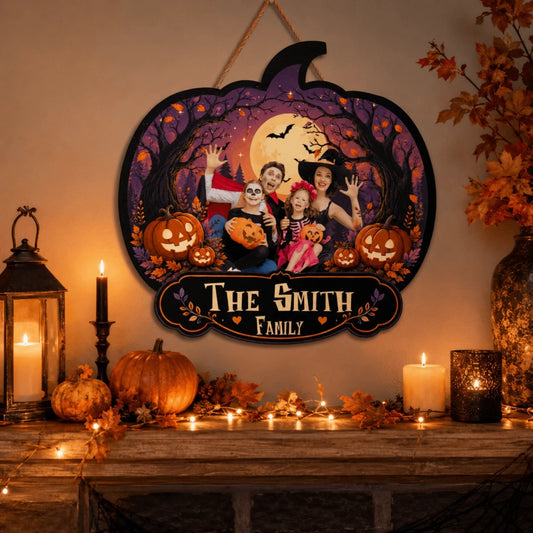 Custom Halloween wooden wall sign featuring a personalized family photo and the Smith family name for home decor.