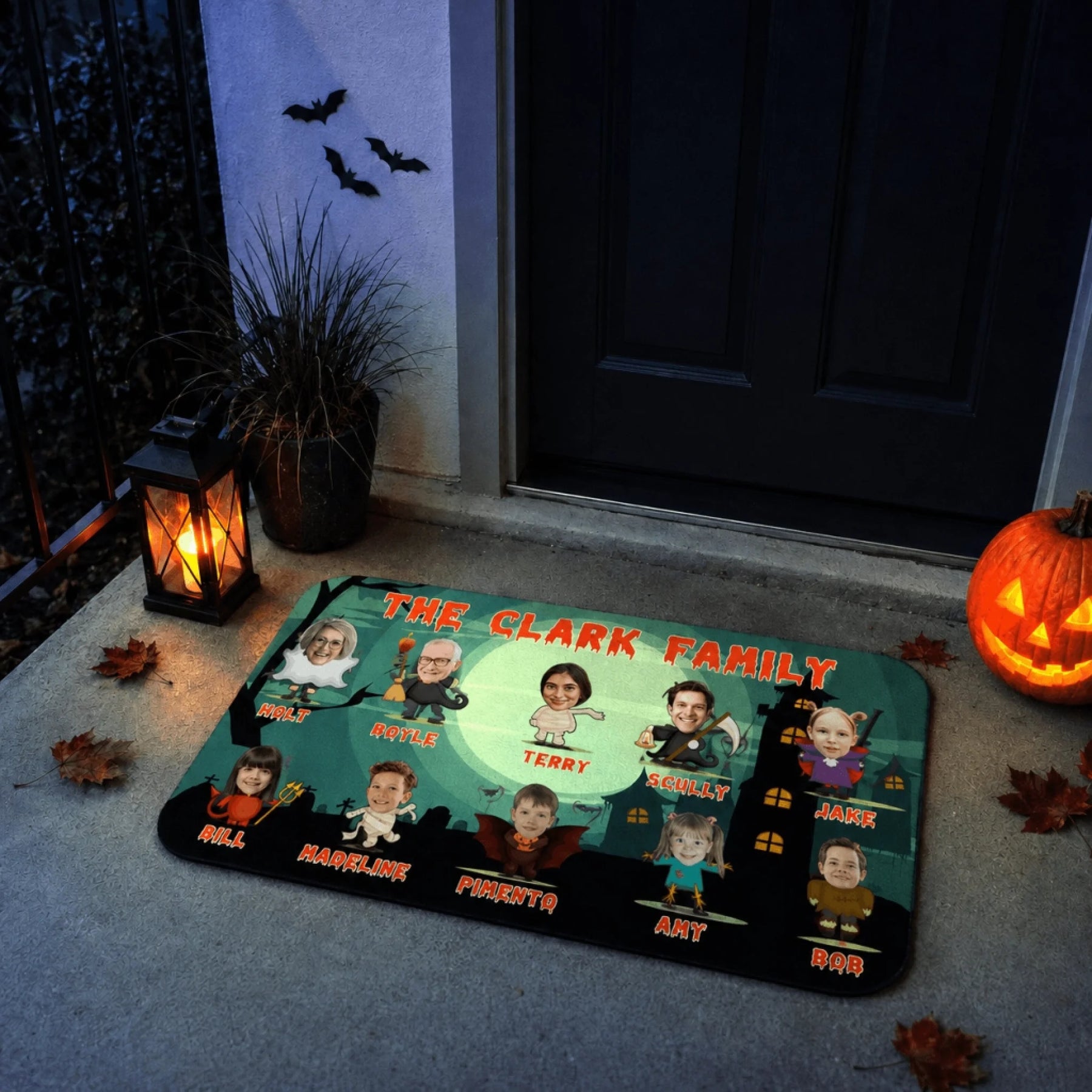 Personalized Halloween doormat for families showing custom character avatars and names under a glowing full moon.