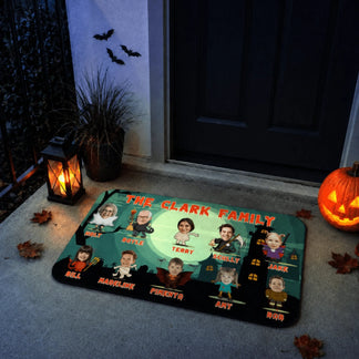 Personalized Halloween doormat for families showing custom character avatars and names under a glowing full moon.
