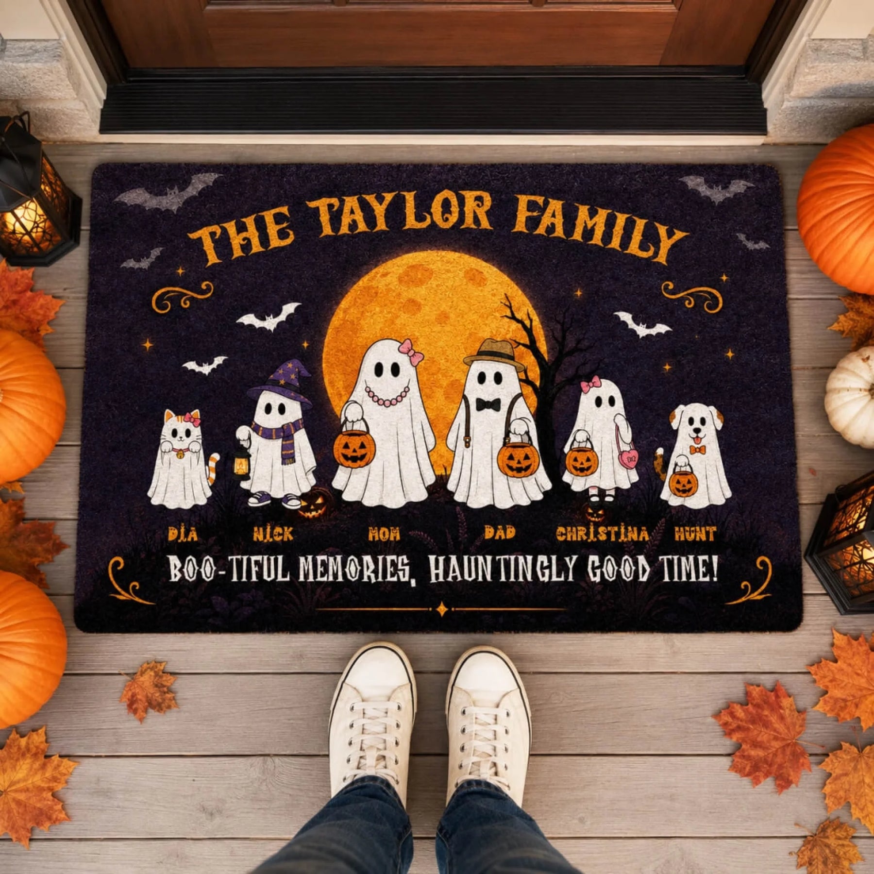 Personalized halloween welcome mat featuring a ghost family, cat, and dog illustration for spooky home entryway decor.
