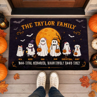 Personalized halloween welcome mat featuring a ghost family, cat, and dog illustration for spooky home entryway decor.