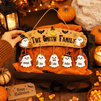 Customized Halloween ghost family hanging wooden sign displayed in a gift box with a happy halloween card for spooky seasonal decor.