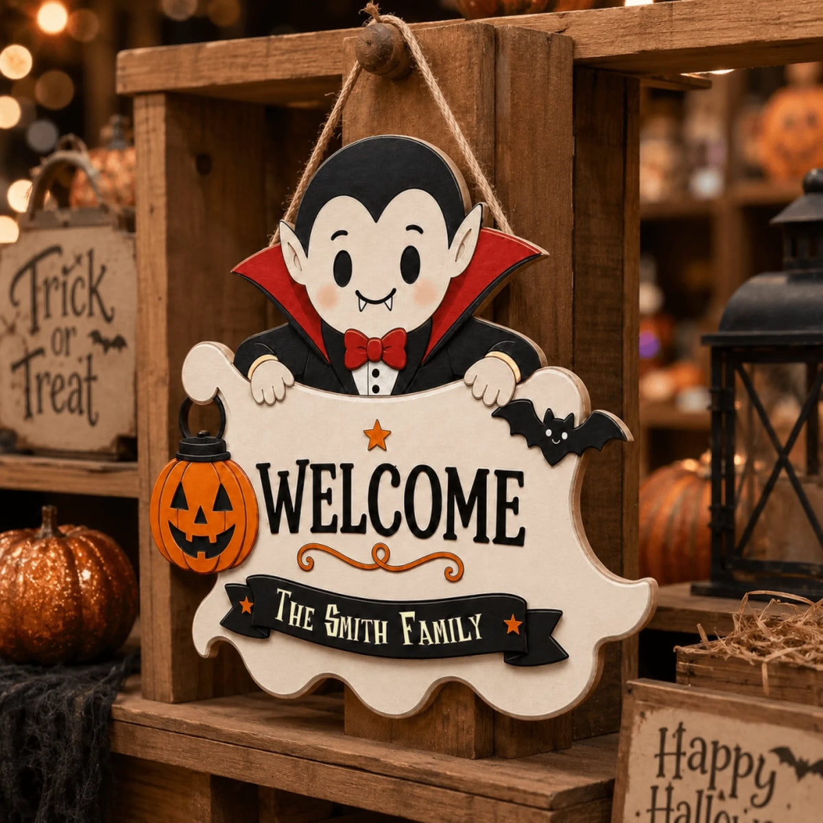 Decorative personalized Halloween wooden sign with a vampire theme, customized for The Smith Family home display.