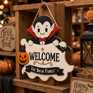 Decorative personalized Halloween wooden sign with a vampire theme, customized for The Smith Family home display.