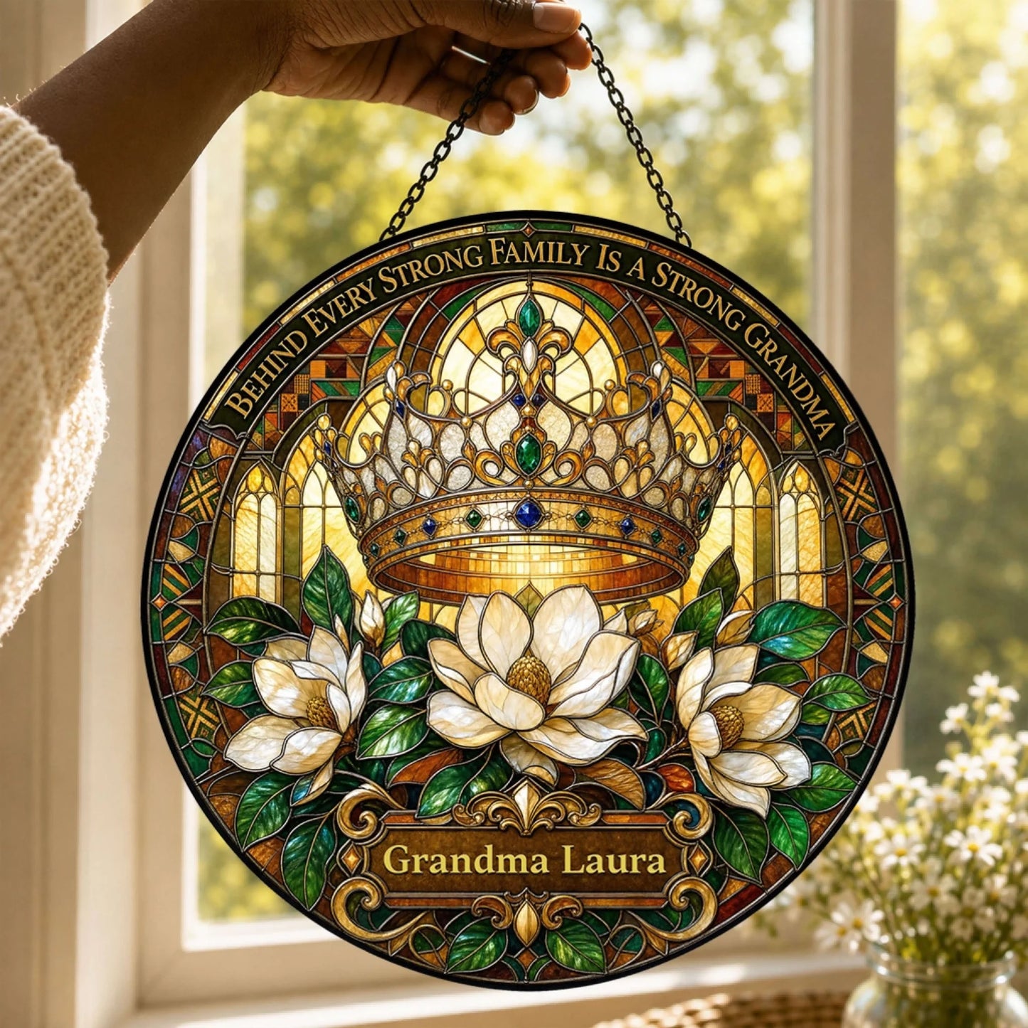 Person holding a round personalized Grandma Laura stained glass suncatcher with a royal crown and flower motif.