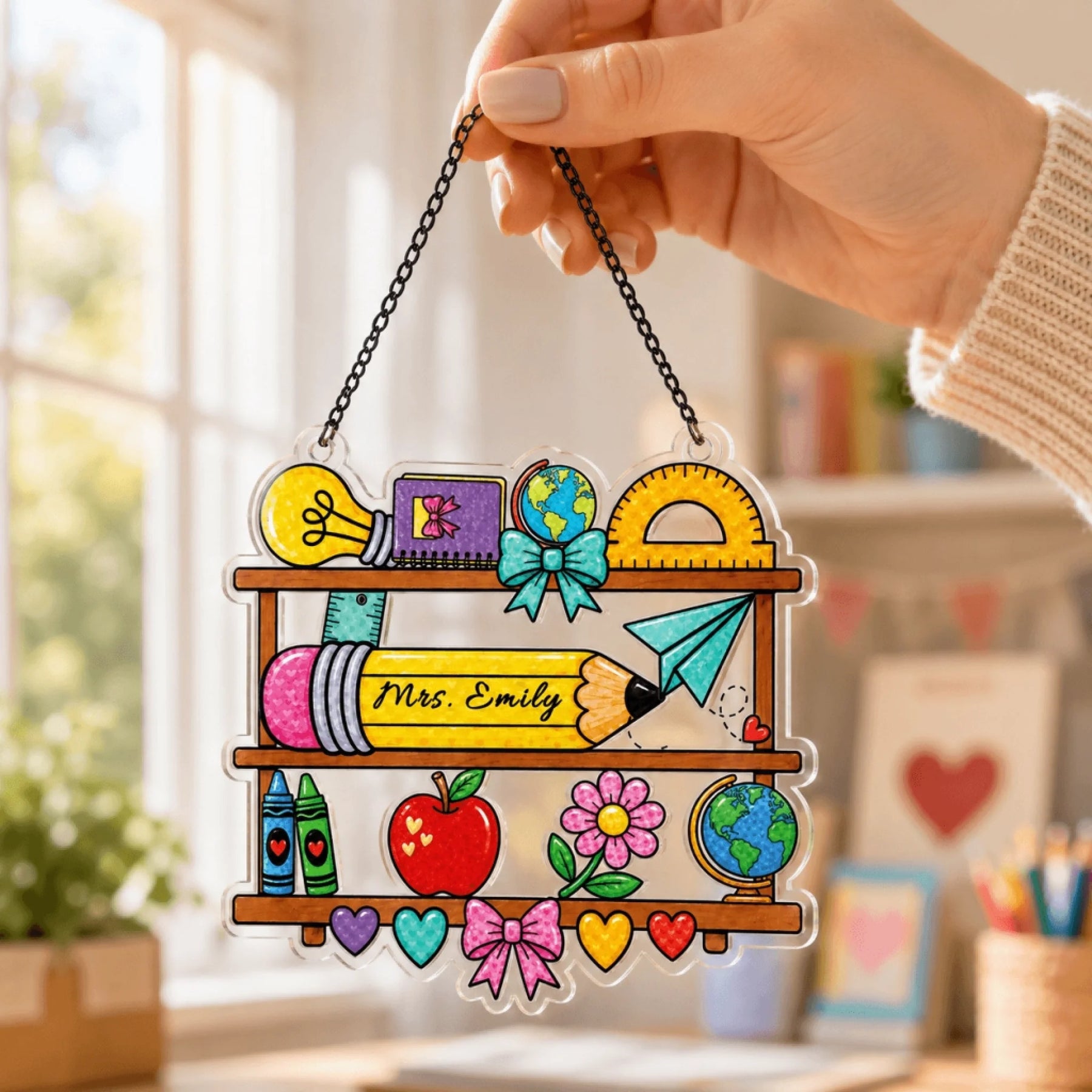 A hand holding a custom-made classroom sign for Mrs. Emily with school supplies, held against a blurred classroom.