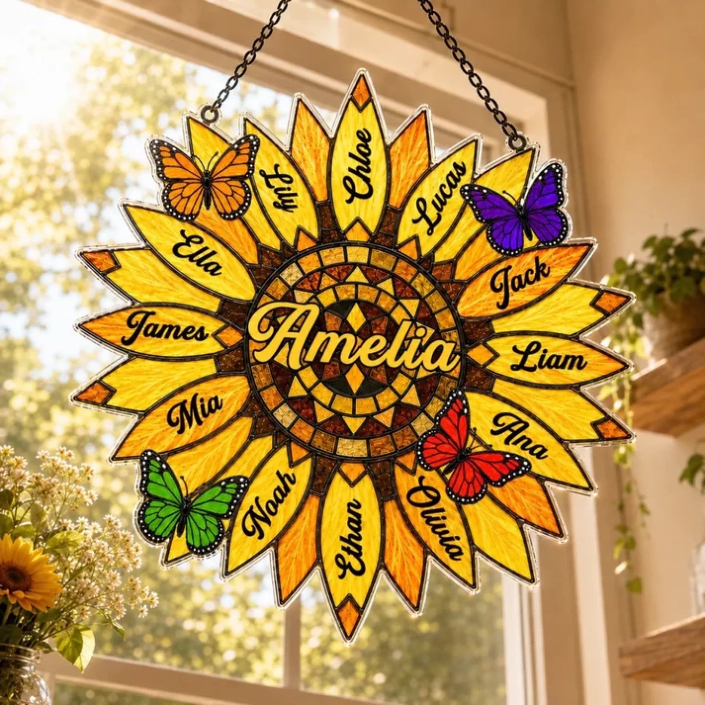 Bunter Acryl Sonnenfaenger in Form einer Sonnenblume mit individuell beschrifteten Bluetenblaettern und Schmetterlingen als wunderschoene Fenster Dekoration.