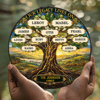Personalized acrylic suncatcher with a beautiful tree of life design, featuring custom family names and legacy text.