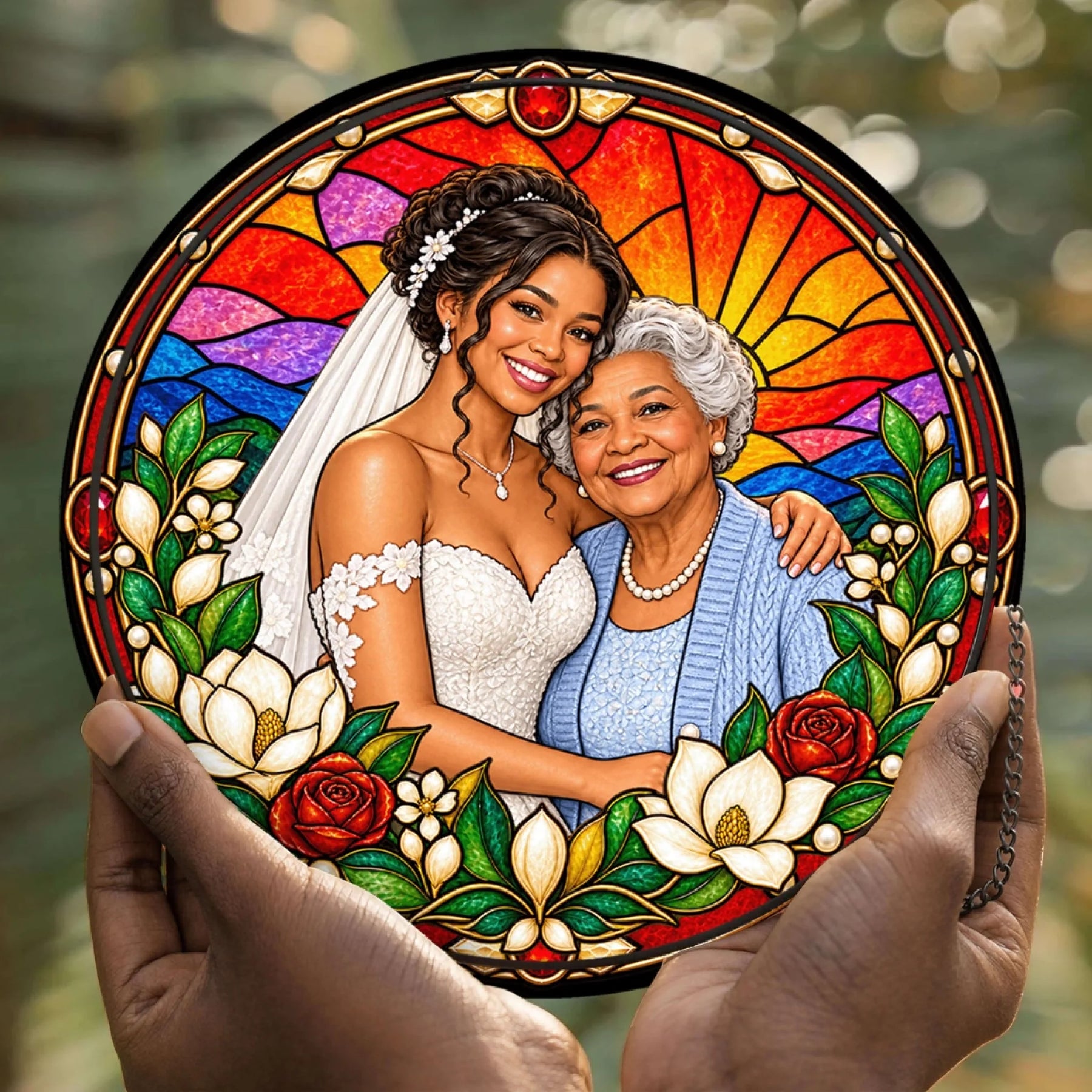 Handheld stained glass suncatcher displaying a custom bride and grandmother portrait, perfect for wedding memories.