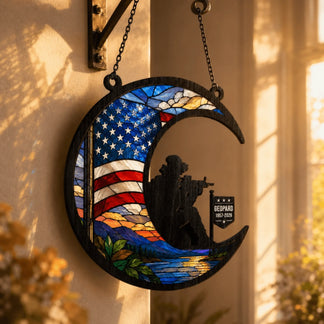 Hanging stained glass crescent moon with a soldier silhouette and US flag for veteran memorial home decorations.