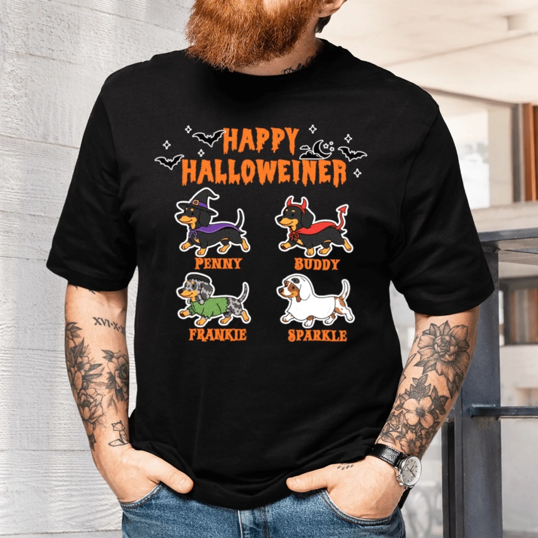 Custom Halloween t-shirt featuring four illustrated dachshund dogs named Penny, Buddy, Frankie, and Sparkle in costumes.