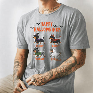 Man wearing a grey personalized Happy Halloweiner dachshund t-shirt featuring dog costumes and custom names.