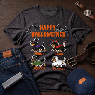 Personalized Happy Halloweiner t-shirt featuring four cute dachshunds in costumes with custom names for pet lovers.