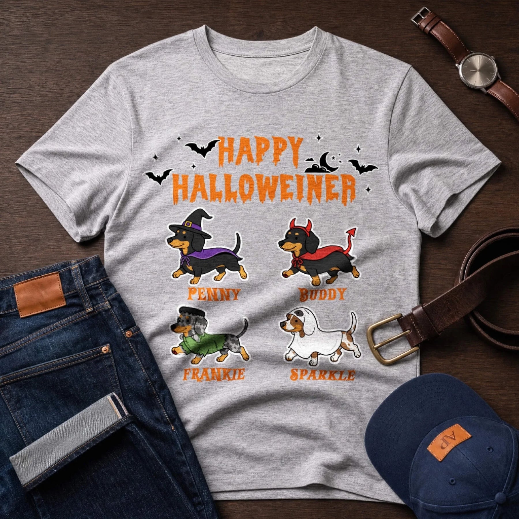 Personalized grey Happy Halloweiner t-shirt with four dachshunds in Halloween costumes and printed pet names.