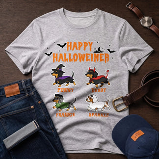 Personalized grey Happy Halloweiner t-shirt with four dachshunds in Halloween costumes and printed pet names.