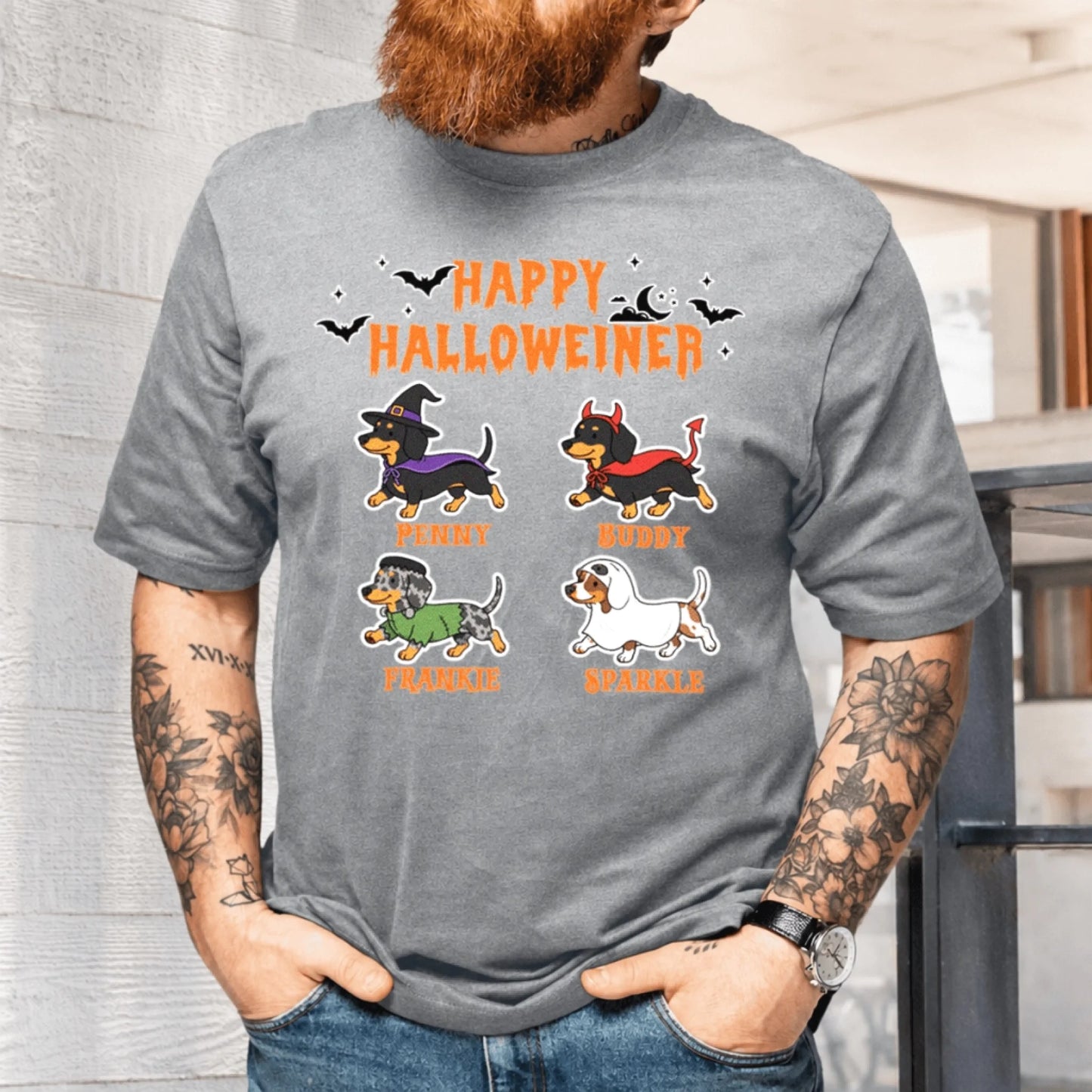 Heather grey custom t-shirt for dog owners featuring four dachshunds in Halloween costumes and personalized names.