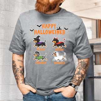 Heather grey custom t-shirt for dog owners featuring four dachshunds in Halloween costumes and personalized names.