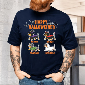 Navy blue Halloween t-shirt for dog lovers with a custom Happy Halloweiner design featuring four cute dachshunds.