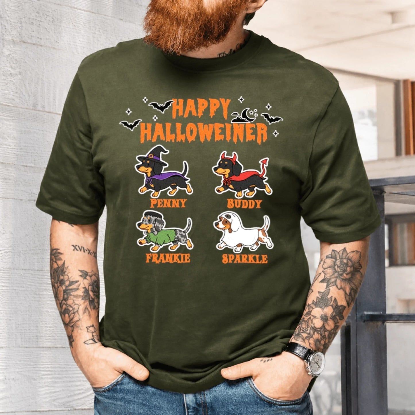 Olive green Halloween t-shirt featuring custom named dachshund dogs in fun costumes for pet owners and dog lovers.