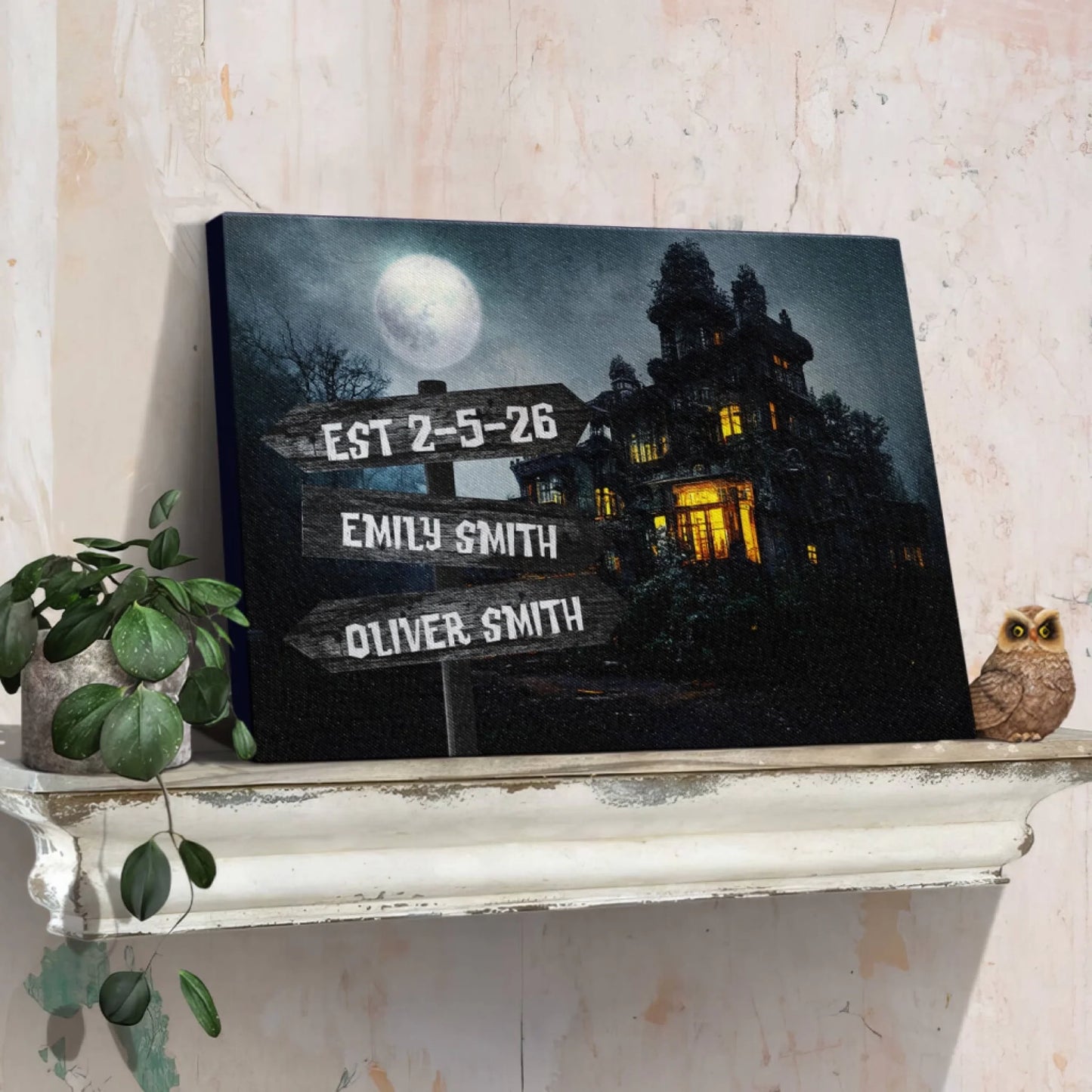 Spooky personalized haunted house canvas art with custom names Emily Smith and Oliver Smith and EST 2 5 26 date details.
