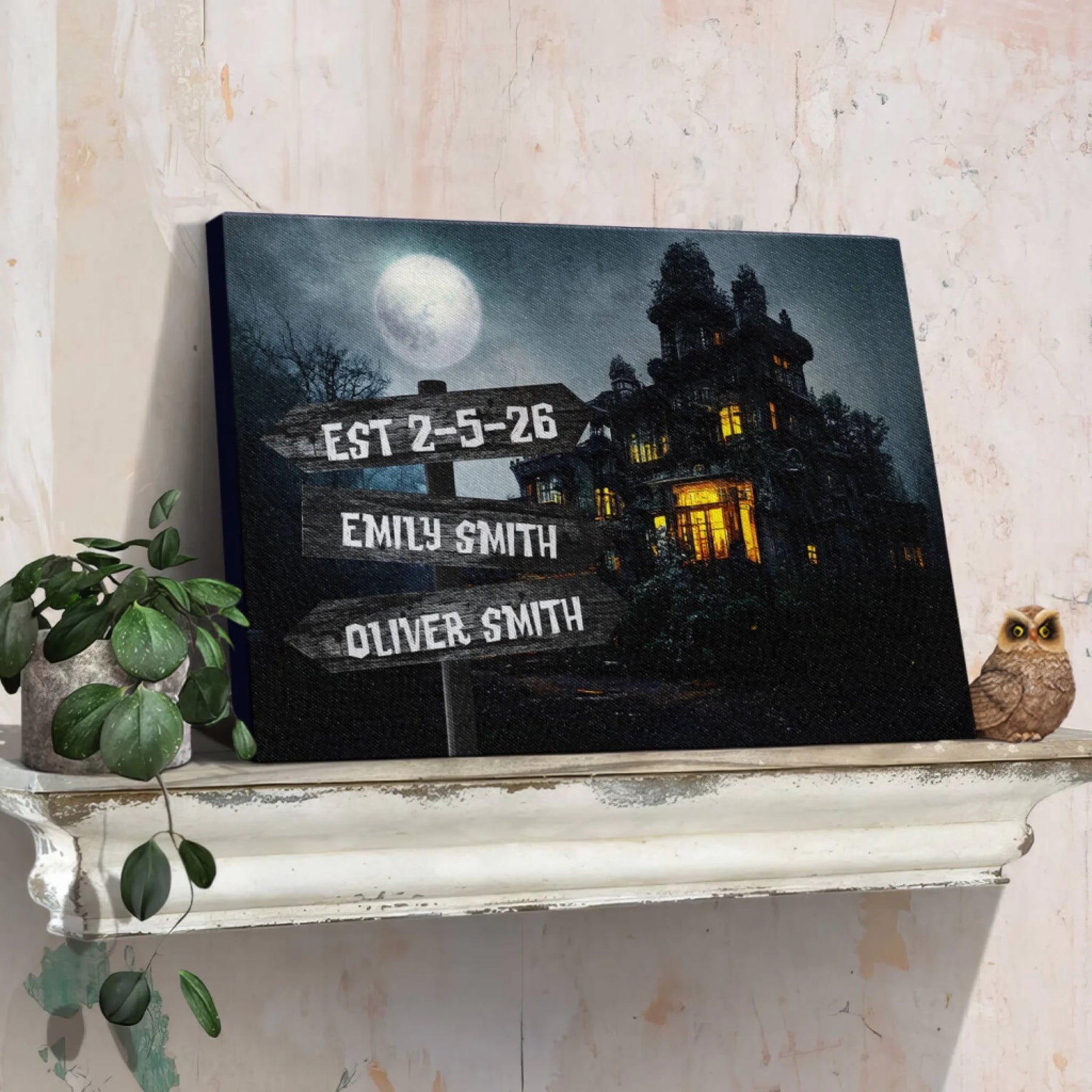 Spooky personalized haunted house canvas art with custom names Emily Smith and Oliver Smith and EST 2 5 26 date details.