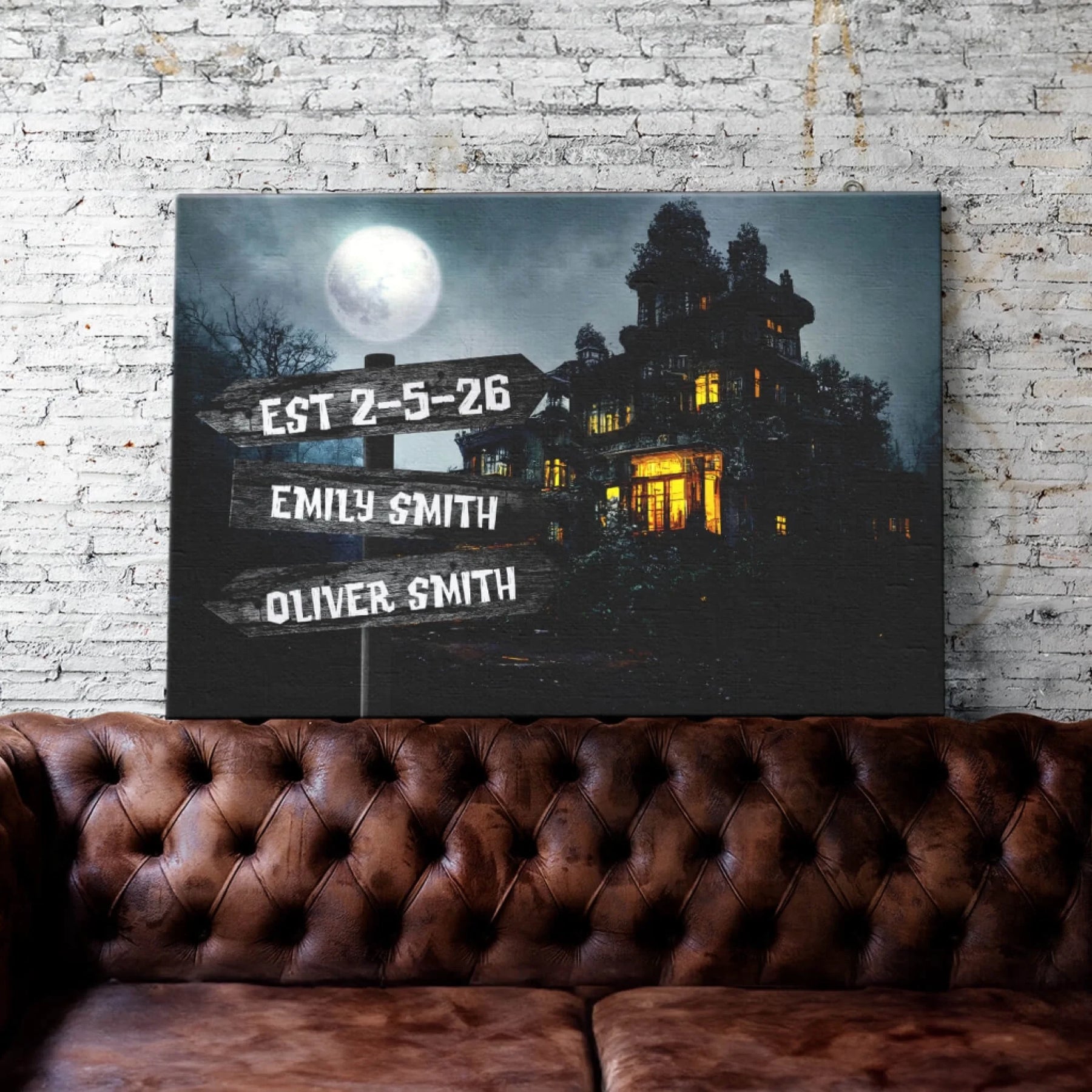 Personalized haunted house canvas featuring Emily Smith and Oliver Smith names with EST date for a spooky Halloween gift.