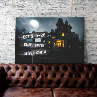 Personalized haunted house canvas featuring Emily Smith and Oliver Smith names with EST date for a spooky Halloween gift.