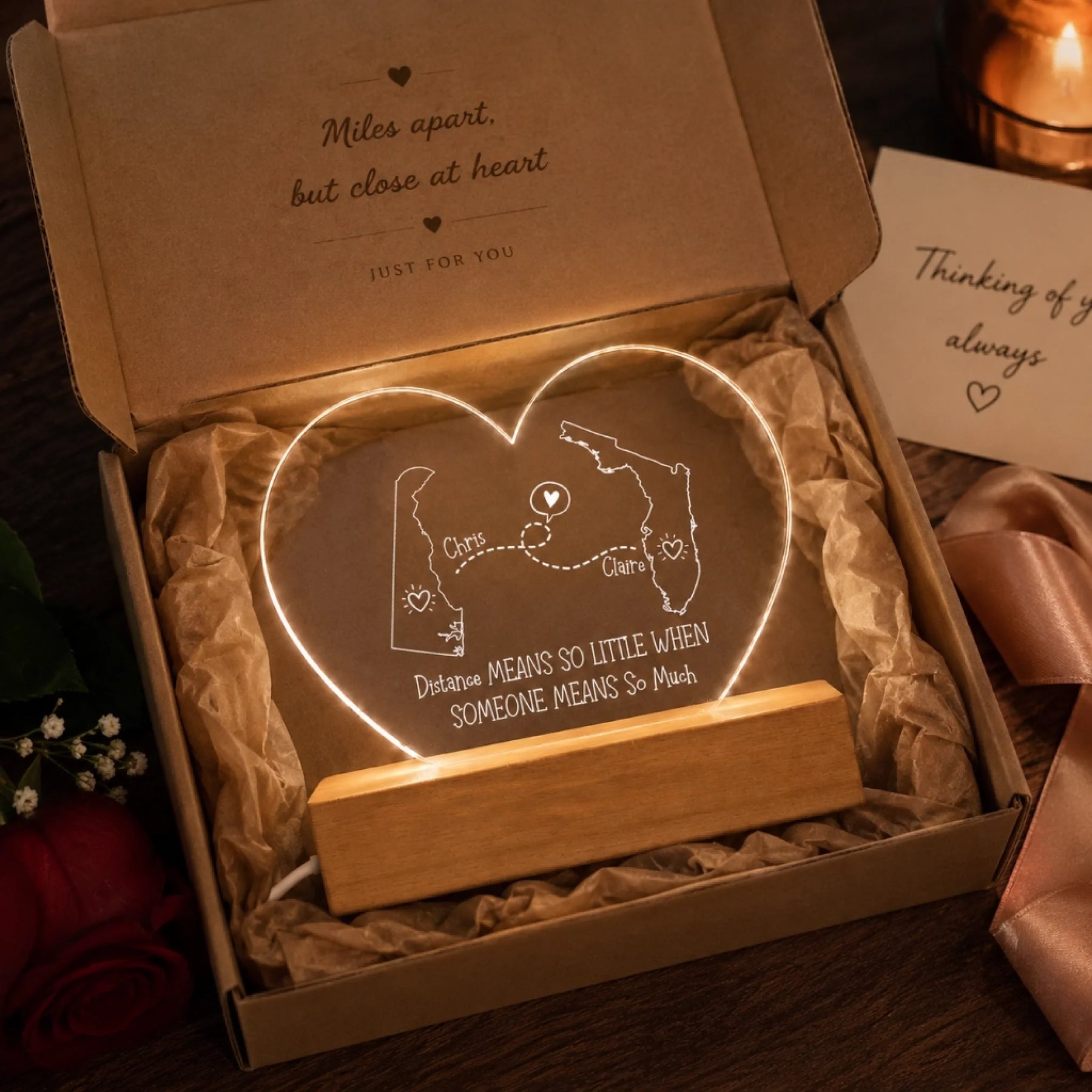 heart shaped personalized long distance lamp inside a gift box