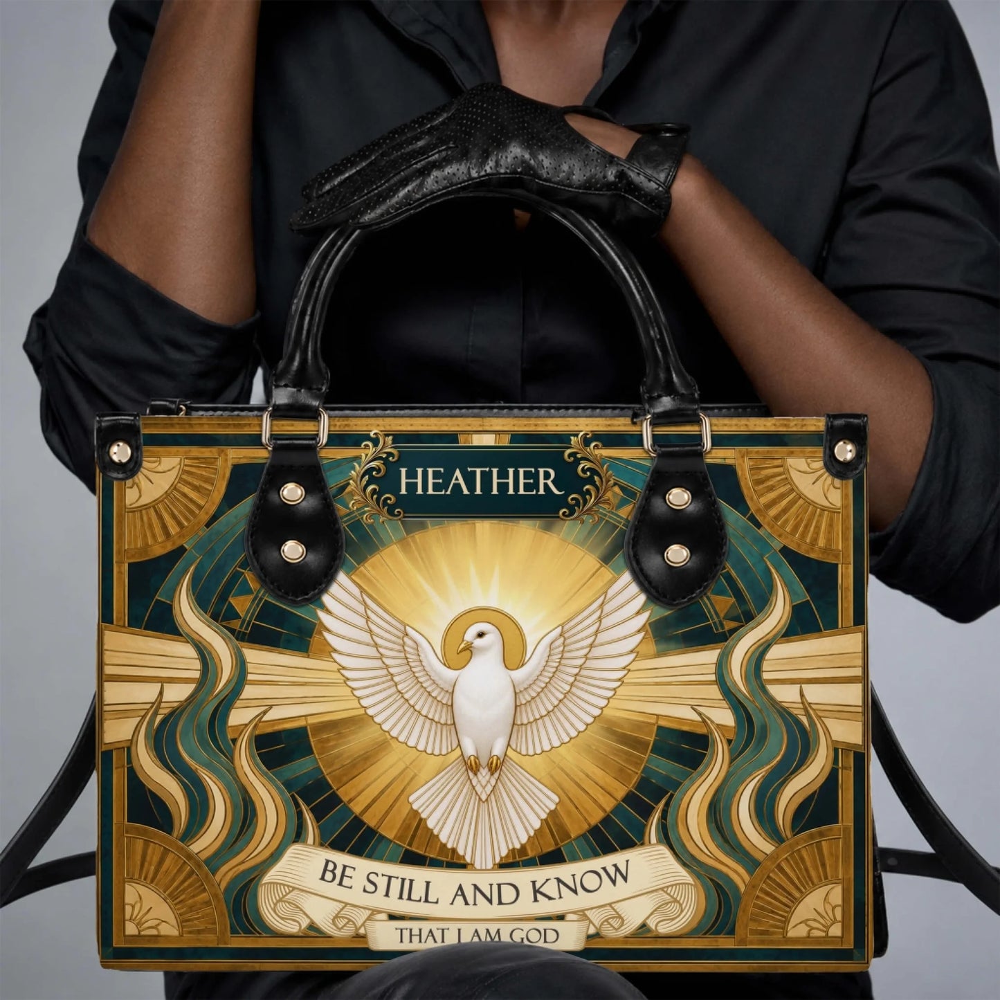 Personalized religious handbag featuring a white dove and the text Be Still and Know That I Am God, perfect for Christians.
